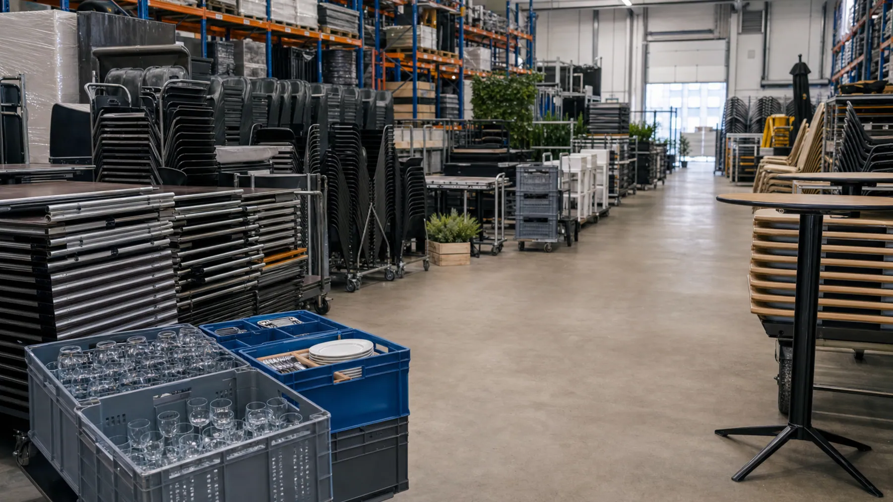 Rental warehouse with stacked event chairs on carts, tables and glassware ready to dispatch