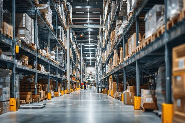 Warehouse worker scanning pallets in a distribution center