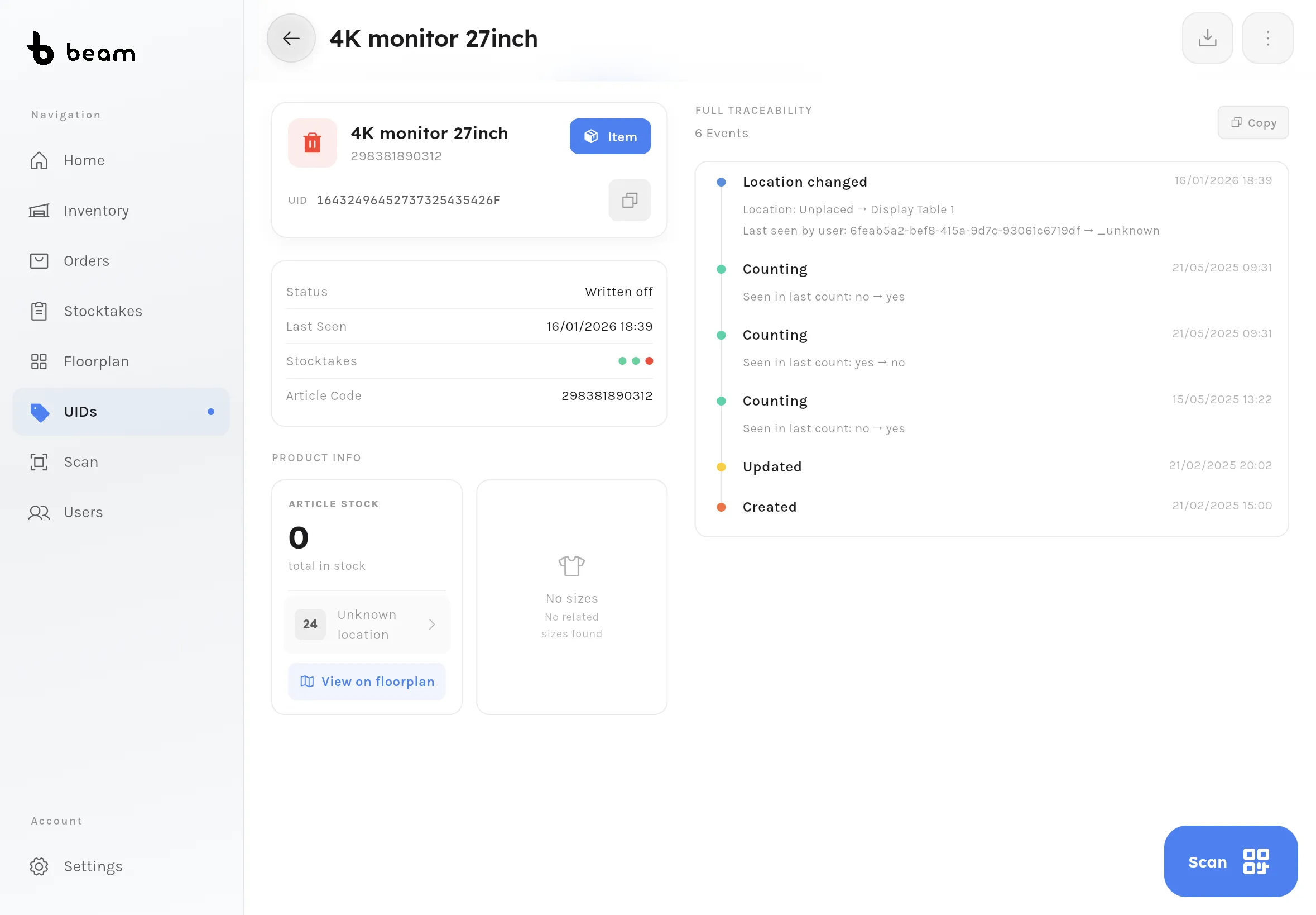 Item detail view showing unique tracking number and complete item data