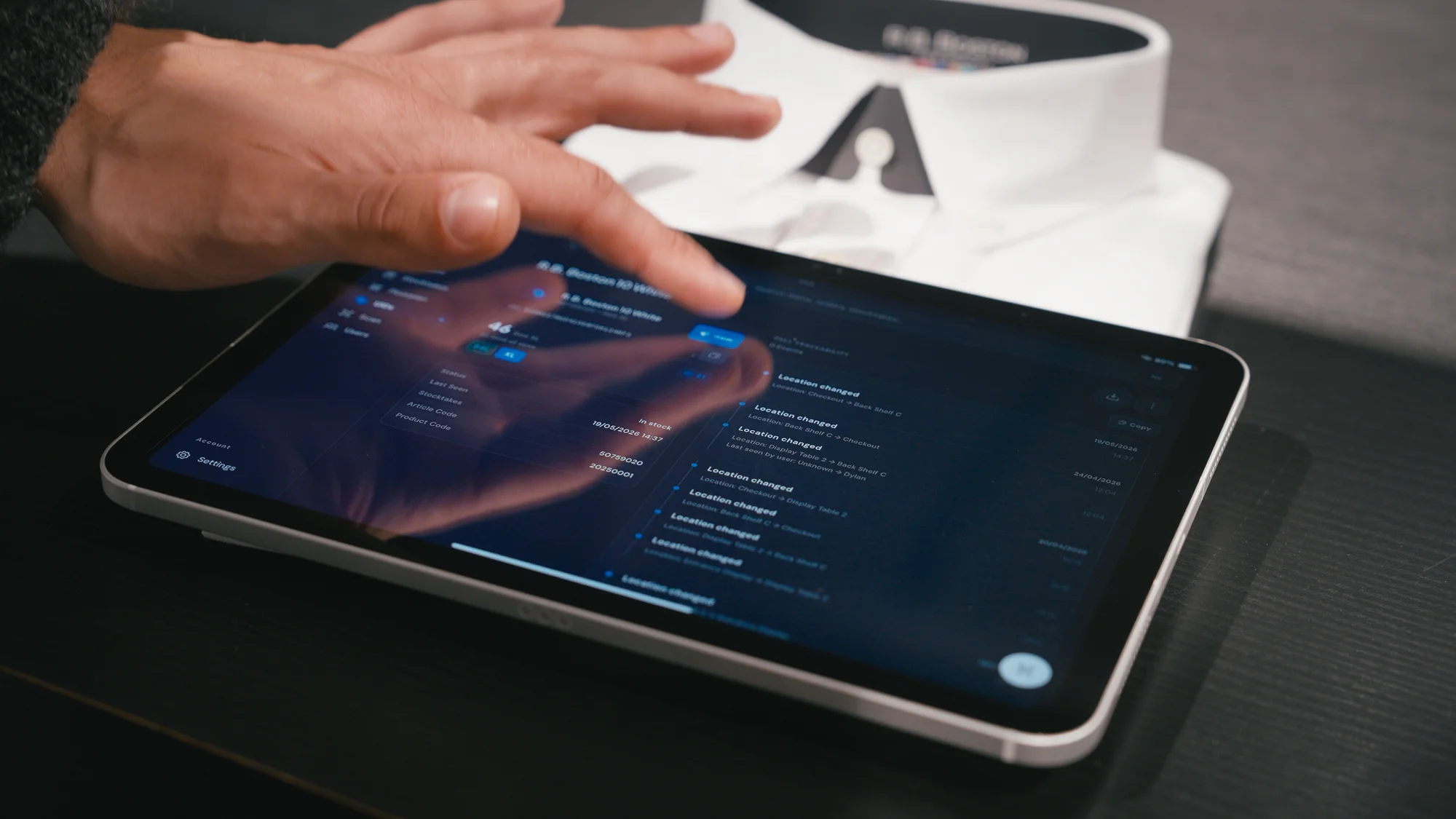 Tablet showing an item history timeline with location changes