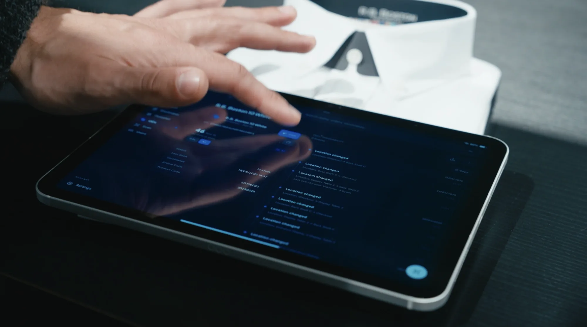 Tablet showing an item history timeline with location changes